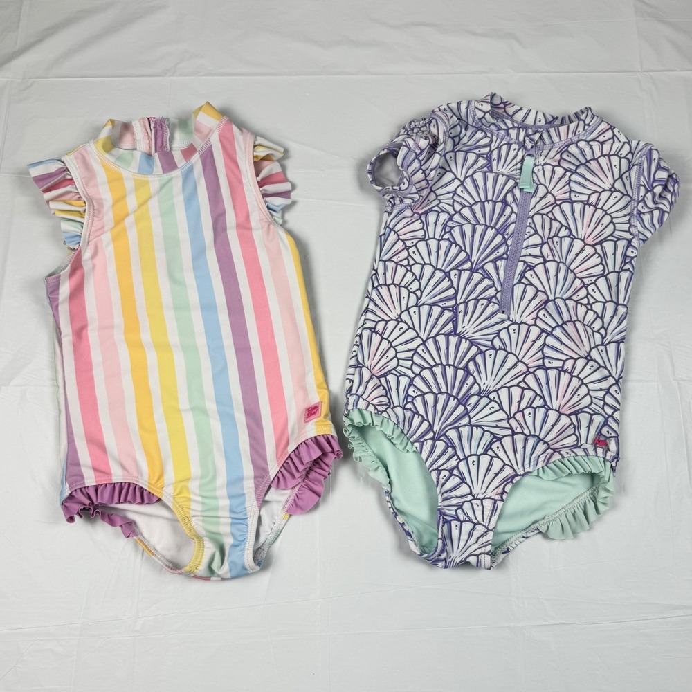 RuffleButts Girls One Piece Swimsuit Lot 2 Pastel Rainbow Shells Ruffle Size 5